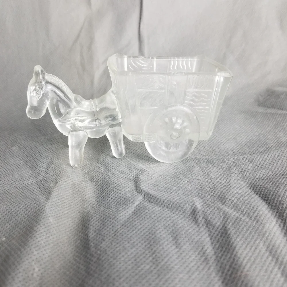 Vintage Clear Glass Donkey Cart Miniature Animal horse 4.75x2 planter candy dish